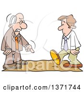 Two cartoon men-one standing and scolding, the other kneeling with a broken shoe-on a cracked ground.