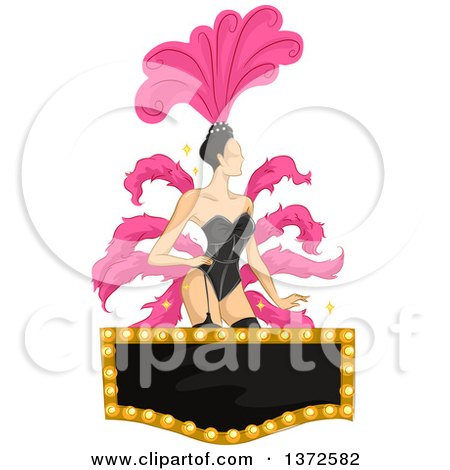 Elegant showgirl in black corset and vibrant pink feather headdress, seated beside a marquee sign with bulbs.