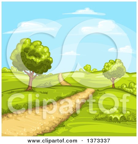 A serene cartoon-style countryside with green rolling hills, two leafy trees, a winding dirt path, and a bright blue sky with fluffy clouds.