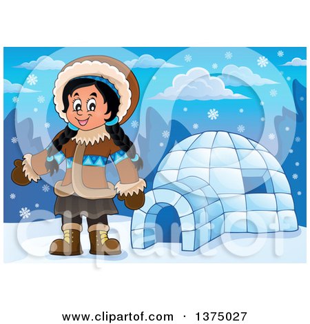 A smiling Indigenous child in traditional winter clothing stands beside an igloo in a snowy Arctic landscape.
