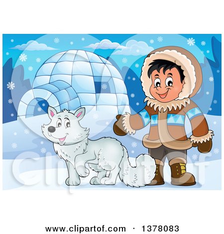 A smiling Inuit boy in traditional winter clothing stands beside a friendly white Arctic fox near an igloo under a snowy sky.