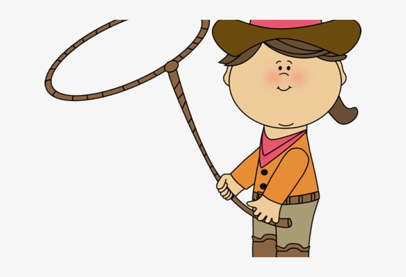 Cartoon girl in cowboy hat and orange shirt holding a lasso, smiling.