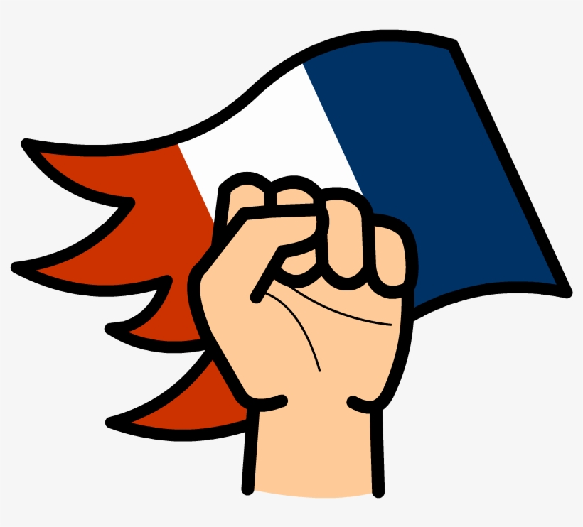 A raised fist holding a waving French tricolor flag, symbolizing patriotism or protest.