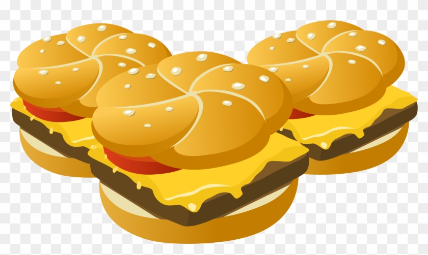 Three cartoon-style cheeseburgers with sesame seed buns, melted cheese, tomato, and beef patties on a transparent background.