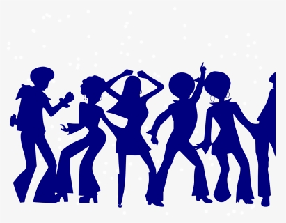 Silhouettes of six people dancing energetically in retro 70s style outfits against a white background with sparkles.