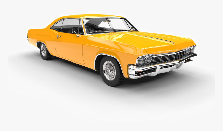Vibrant orange 1960s American muscle car with chrome grille, dual headlights, and classic two-door coupe styling.