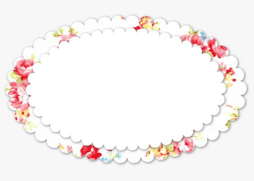 White oval frame with scalloped edges and colorful floral border in red, pink, yellow, and green.