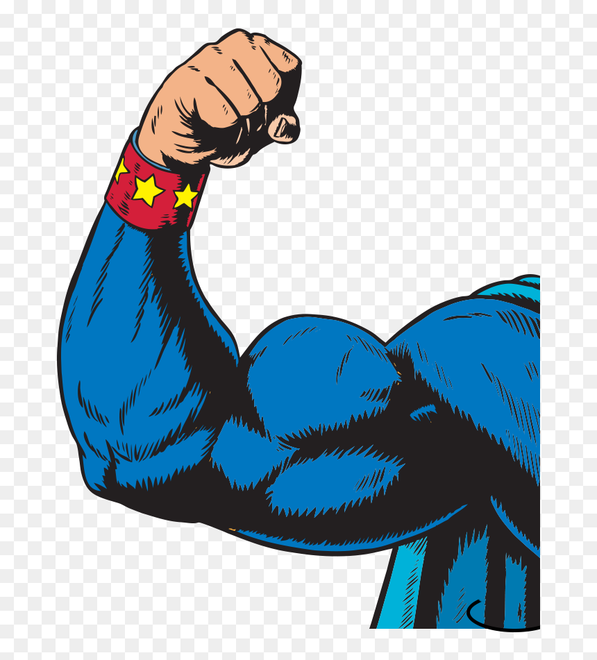 A muscular arm in a blue superhero costume flexing, with a red wristband featuring yellow stars.