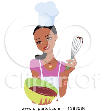 A smiling Black female chef in a white hat and apron holds a whisk and green bowl of chocolate batter.