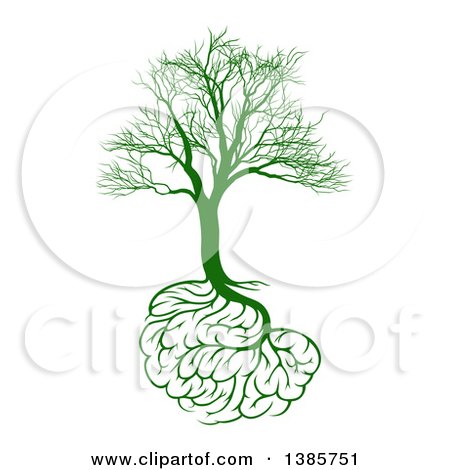 Green tree with roots shaped like a human brain, symbolizing the connection between nature and cognition.