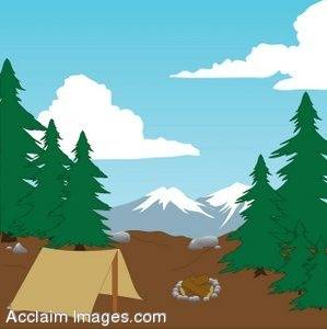 A cartoon-style campsite with a yellow tent, campfire, pine trees, and snow-capped mountains under a blue sky.
