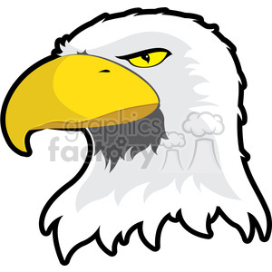 Cartoon bald eagle head with sharp yellow beak, intense yellow eye, and white feathers.