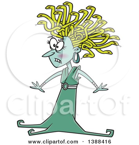 Cartoon Medusa with green skin, yellow snake hair, and a stern expression in a green gown.