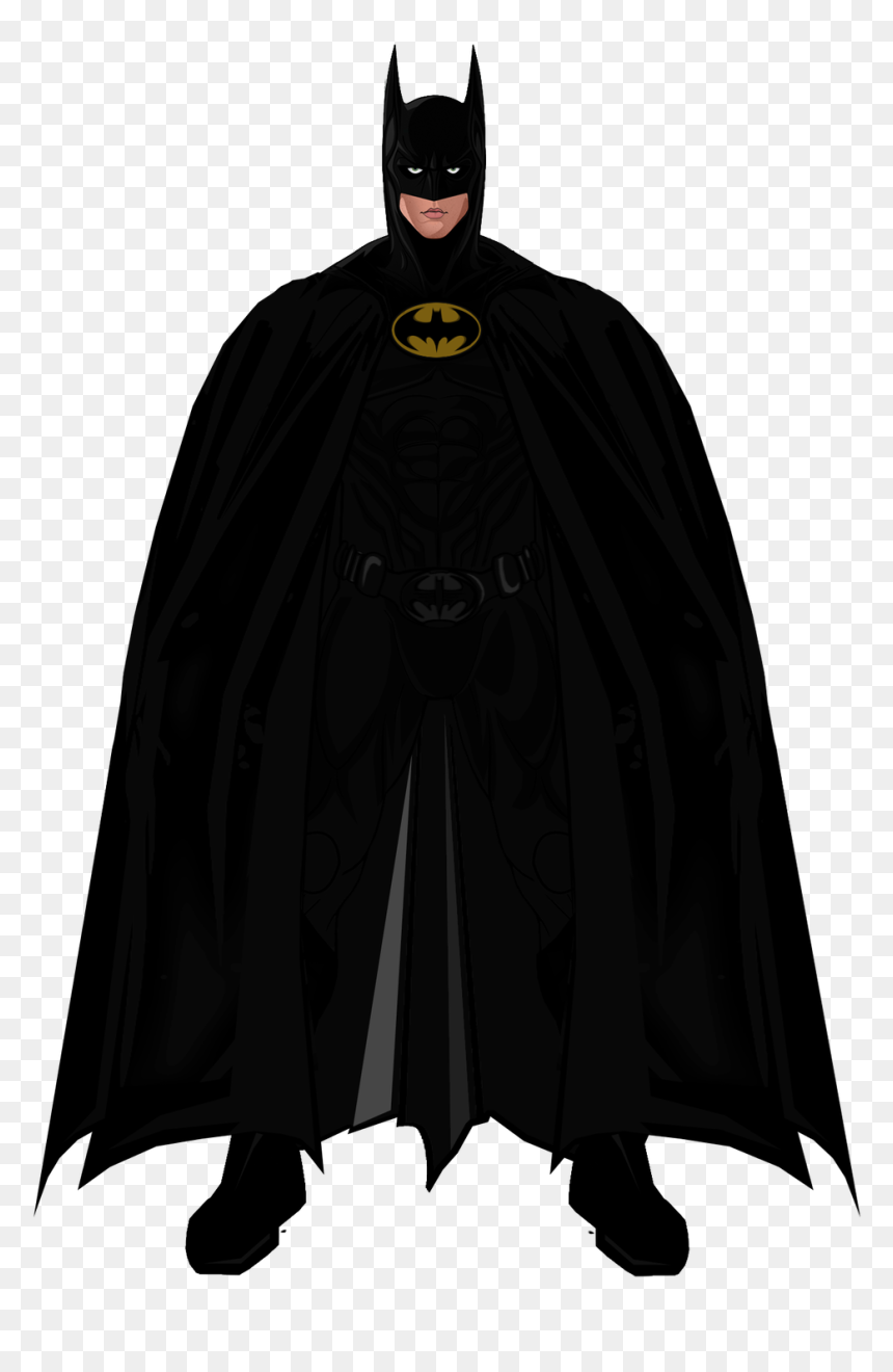 Batman in iconic black suit with yellow bat emblem, flowing cape, and cowl, standing heroically against transparent background.