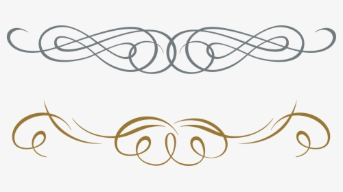 Two elegant decorative scroll dividers: one gray, one gold, with flowing flourishes and symmetrical loops.