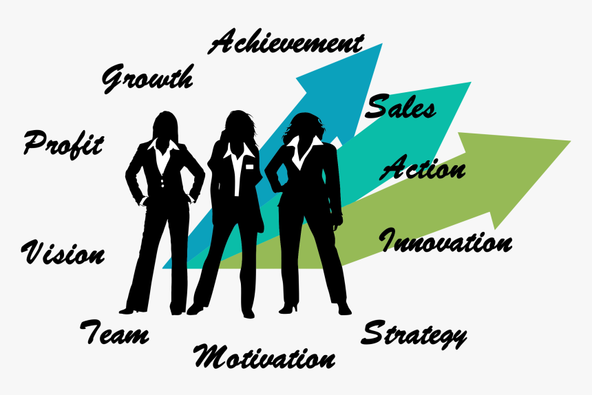 Three businesswomen silhouettes with upward arrows labeled Achievement, Sales, Innovation, and core concepts like Vision, Team, Strategy.