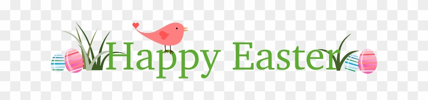 Happy Easter banner with pink bird, colorful eggs, and green grass on transparent background.