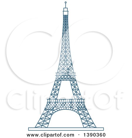 Blue line-art illustration of the Eiffel Tower on white background, showing its iconic lattice structure and three observation levels.