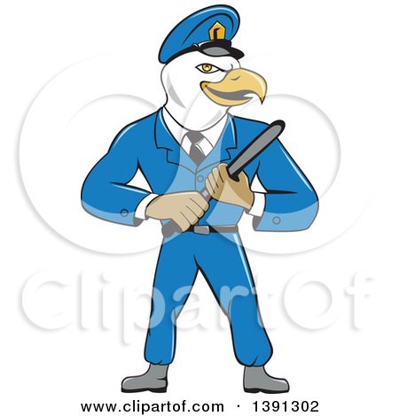 Cartoon bald eagle in blue police uniform holding a baton, standing confidently.