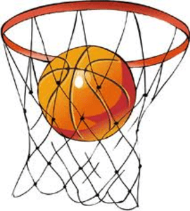 Orange basketball swishing through a red hoop with net, illustrating a perfect shot.
