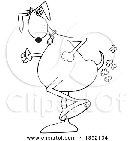 Cartoon dog dancing joyfully with flowers blooming from its tail, wearing a collar and expressive glasses.