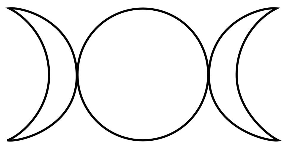 White triple moon symbol (waxing, full, waning) on black background, representing the Triple Goddess in neopaganism.