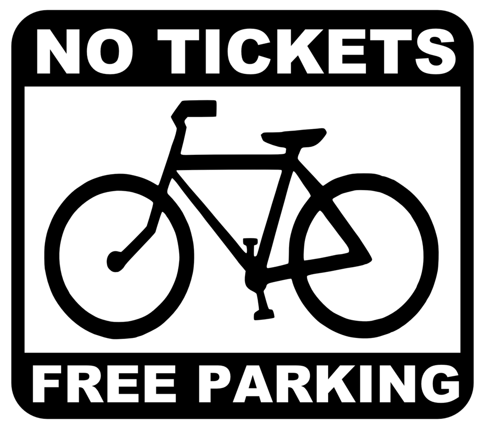 Black and white sign showing a bicycle with "NO TICKETS" above and "FREE PARKING" below.