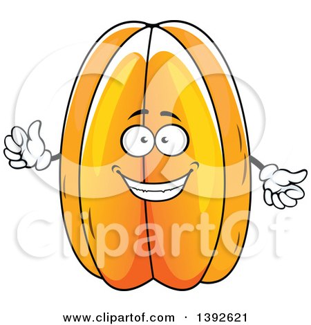 Cheerful cartoon cantaloupe mascot with smiling face, waving hands, and striped orange rind.
