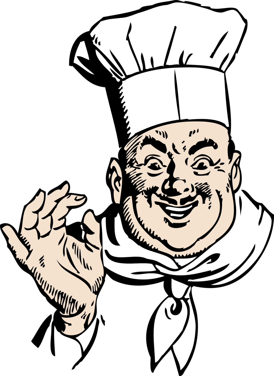 Cheerful cartoon chef in tall white hat giving an "OK" gesture with a wide smile.