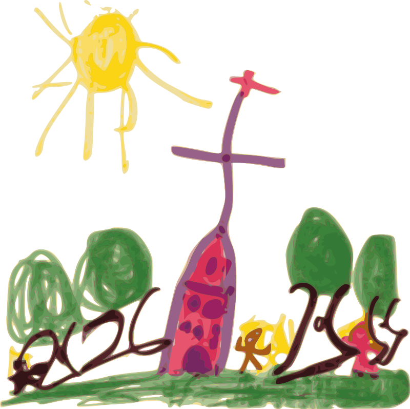 Childlike drawing of a sunny landscape with trees, a tall purple structure, and small figures on green ground.