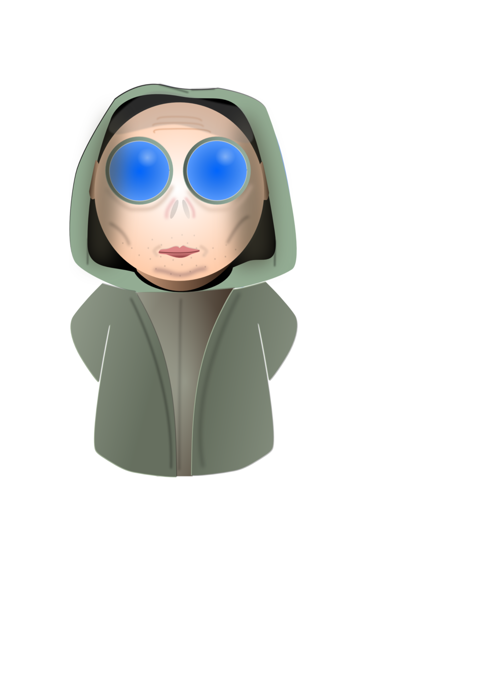 Hooded figure with large blue glowing eyes and pale, gaunt face wearing olive-green robe.