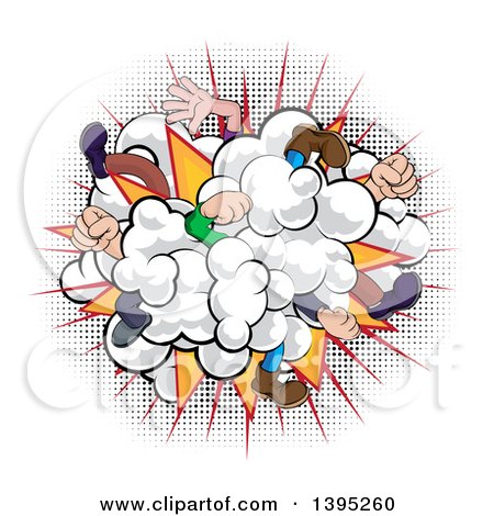 Comic-style explosion with flying limbs, fists, and halftone burst effect on white background.