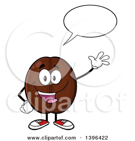 Cheerful cartoon coffee bean mascot waving with speech bubble, wearing sneakers and smiling.