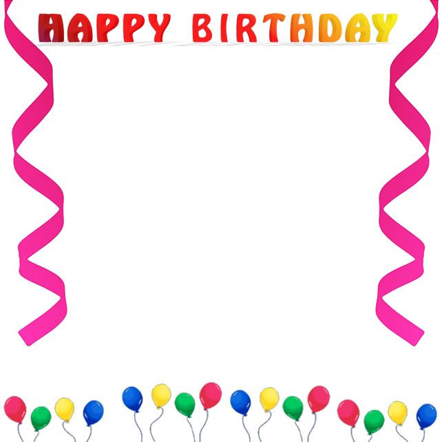 Colorful "Happy Birthday" banner with pink ribbons and balloons on white background.