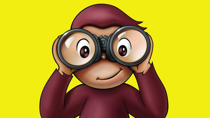 Curious George wearing binoculars, smiling against a bright yellow background.