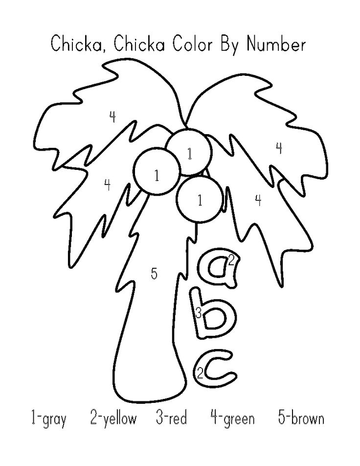 Chicka Chicka Color By Number activity sheet featuring a palm tree with numbered sections and color key.