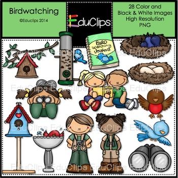 Birdwatching clip art set featuring children, birdhouses, nests, binoculars, and birds in color and black & white.