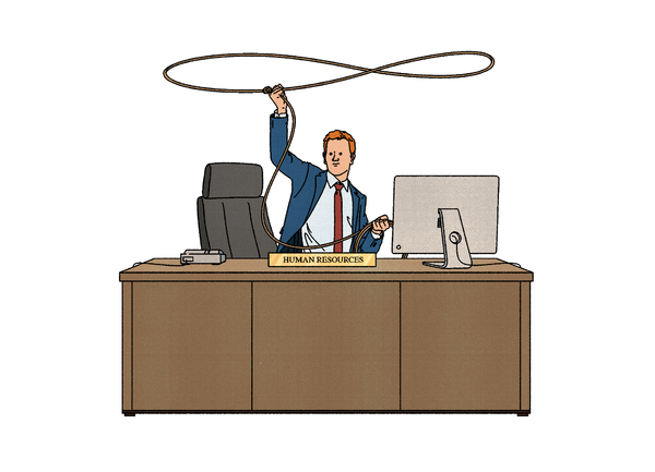A cartoon HR manager in a suit swings a lasso above his desk labeled "Human Resources".