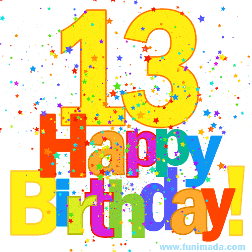 Colorful "13 Happy Birthday!" greeting with confetti stars on white background.