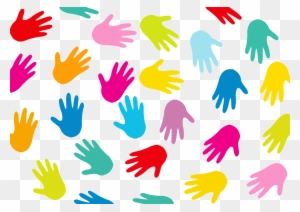 Colorful handprints in various bright hues scattered on a transparent background.