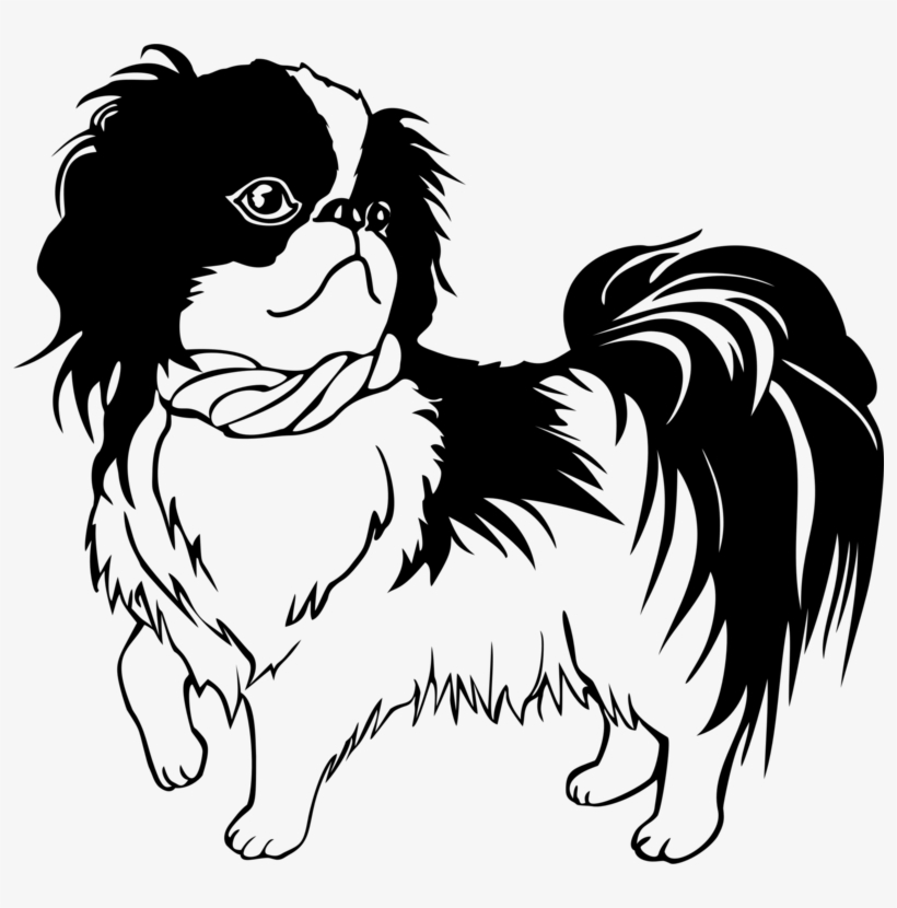 Black-and-white line drawing of a fluffy Pekingese dog with expressive eyes and a curled tail.