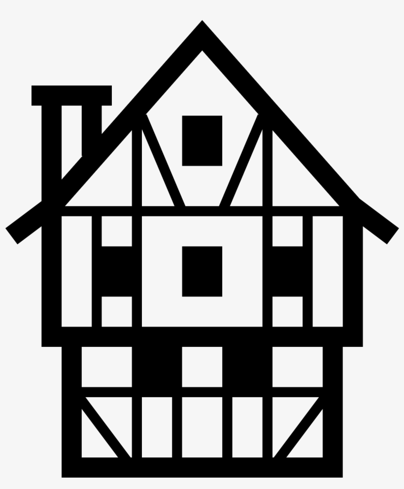 Black-and-white stylized illustration of a Tudor-style half-timbered house with gabled roof and chimney.