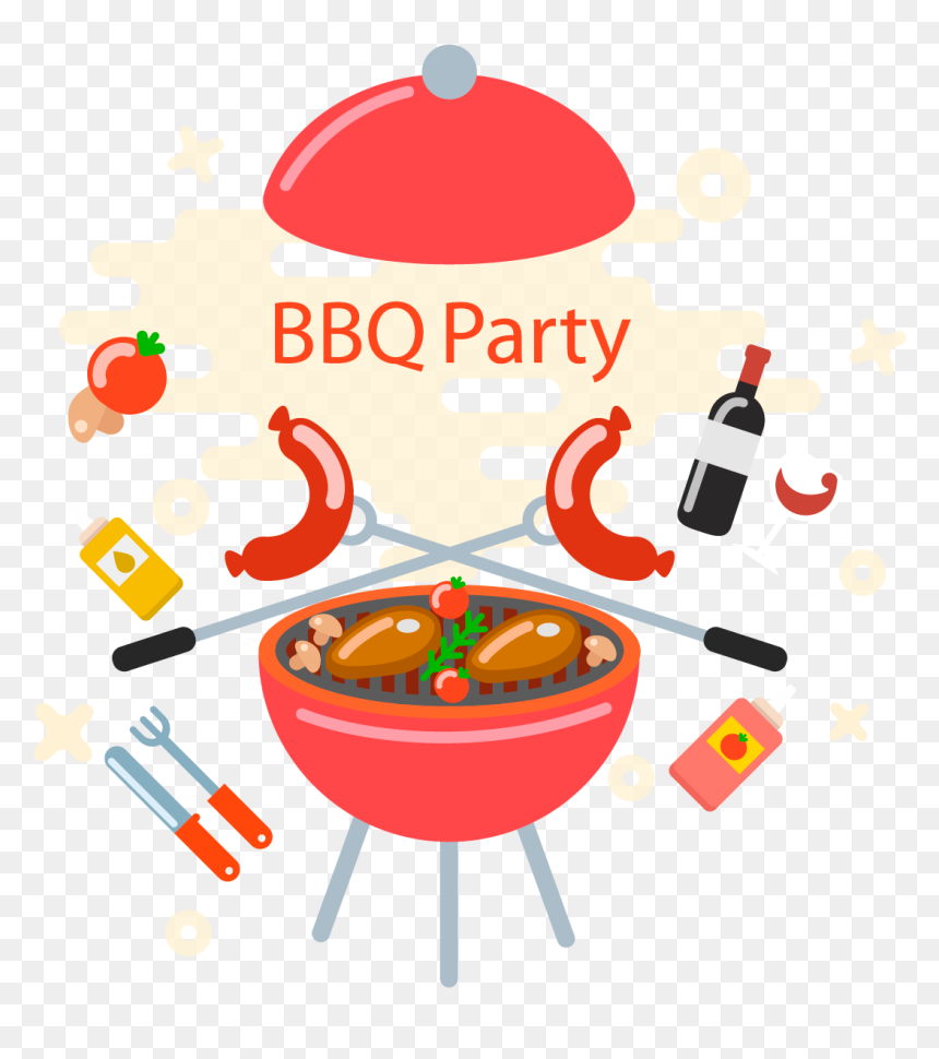Vibrant BBQ party illustration featuring a red grill with sausages, steaks, tomatoes, wine, and condiments surrounded by festive elements.