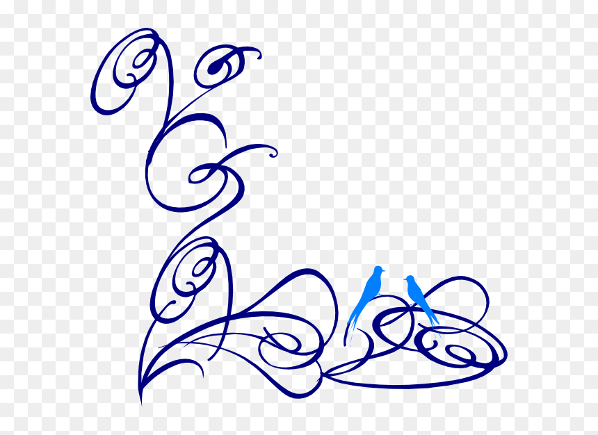 Blue ornamental swirl design with two birds perched on flourishes, elegant vector illustration.