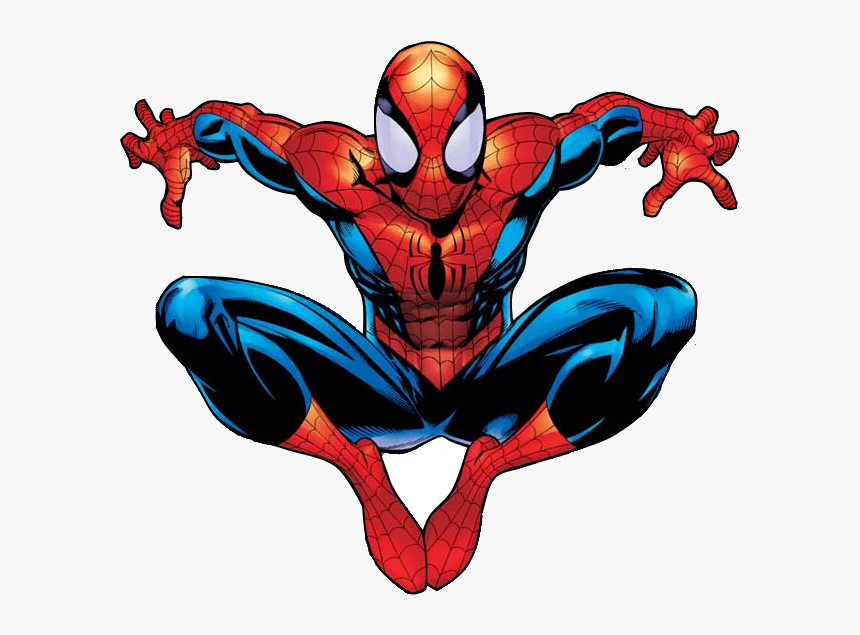 Spider-Man in classic red-and-blue suit, crouching mid-air with arms outstretched, ready to swing or pounce.