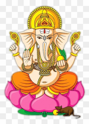 Lord Ganesha seated on a pink lotus with mouse companion, adorned in gold jewelry and orange dhoti, holding modak and axe.