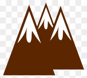 Brown mountain icon with three peaks and white snow caps on transparent background.