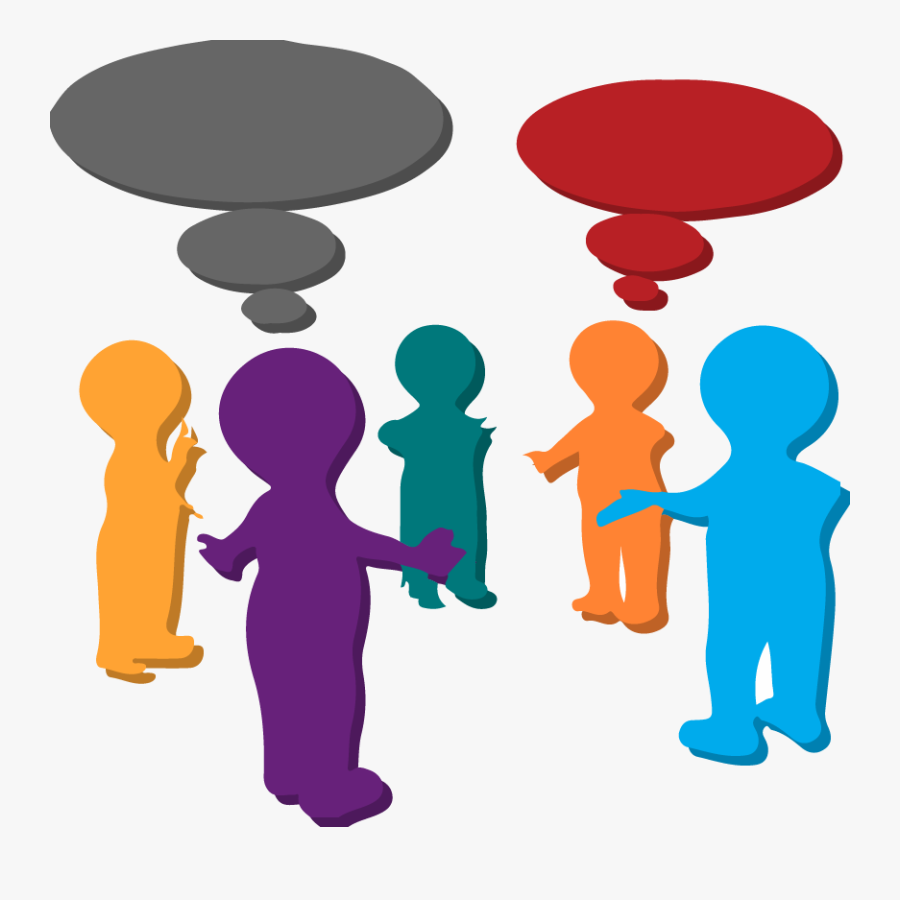 Six colorful abstract human figures in discussion, with gray and red thought bubbles above two groups.