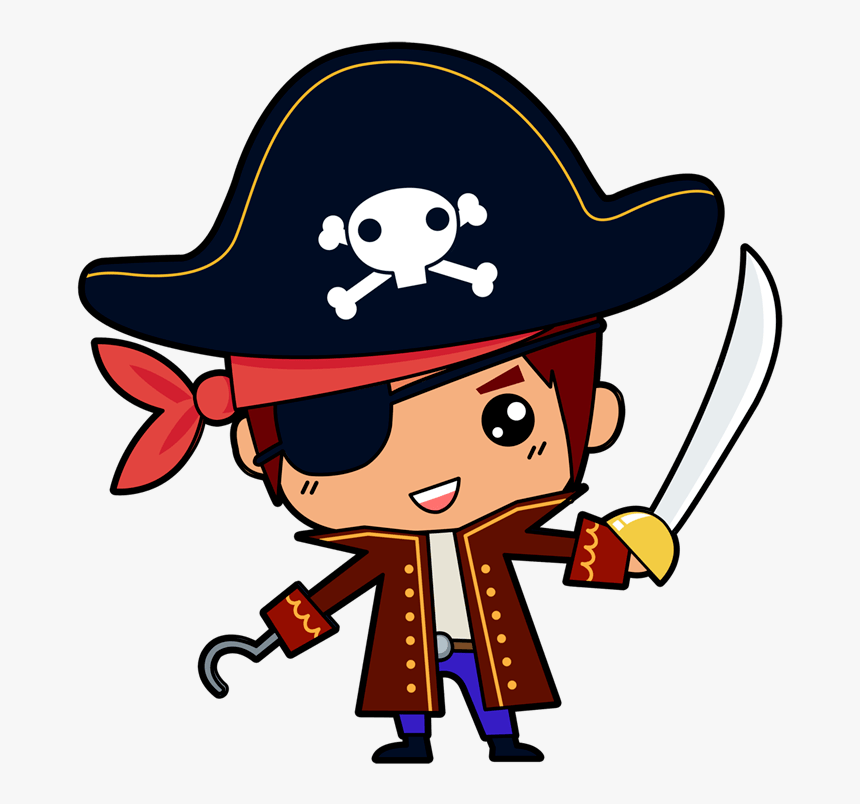 Charming cartoon pirate boy with tricorn hat, eye patch, hook hand, and sword, smiling playfully.