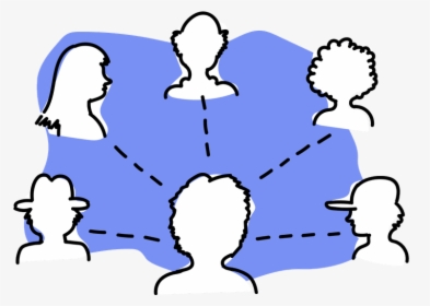 Six diverse human silhouettes connected by dashed lines inside a blue cloud, symbolizing collaboration or networked communication.